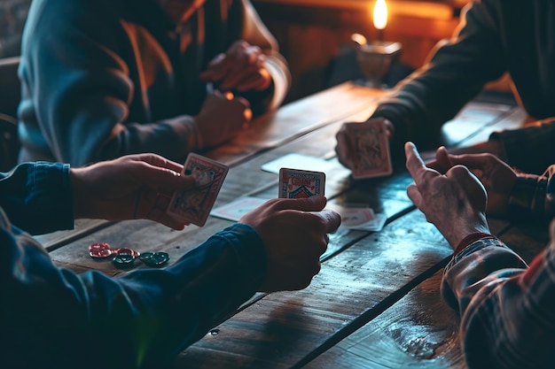 Четыре человека играют в карты Uno за столом реалистично