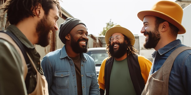 4 人の男性が家の前で話したり笑ったりしています。