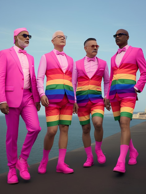 Four Men in Pink Swimsuits Wearing Pink Swimsuits