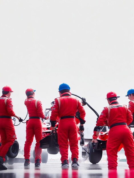 Photo four men in red suits with a red car in the background