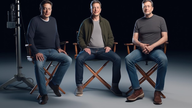 Four men sit in chairs in front of a black background