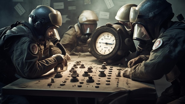 Four men wearing gas masks sit around a table with a clock and a clock on it.