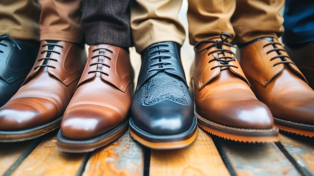 Four mens business shoes lined up in perfect formation creating a harmonious display of elegant footwear