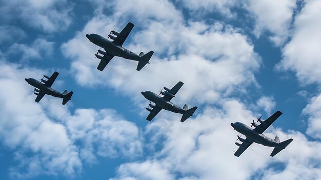 Four military transport planes flying in formation against a cloudy sky