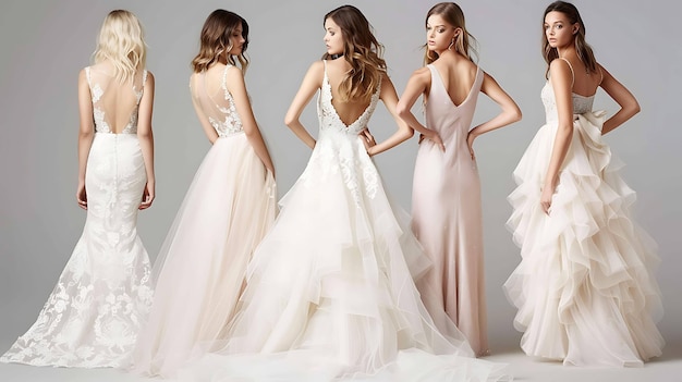 Photo four models wearing different wedding dresses the first model is wearing a mermaidstyle dress with a sweetheart neckline and a lace overlay