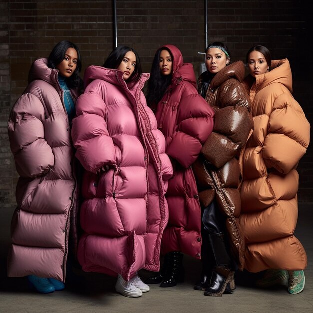 Photo four models wearing puffer jackets stand in a row, one of which says'the brand '