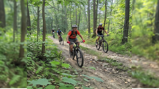 Four mountain bikers ride along a forest trail The bikers are all wearing helmets and protective gear