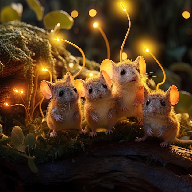 four mouses are lined up in front of a tree