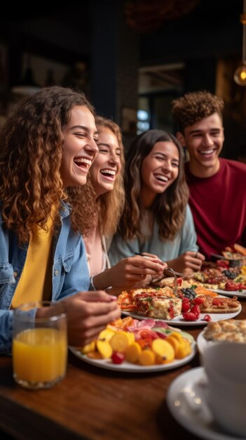 Foto quattro amici multietnici che fanno colazione e ridono.