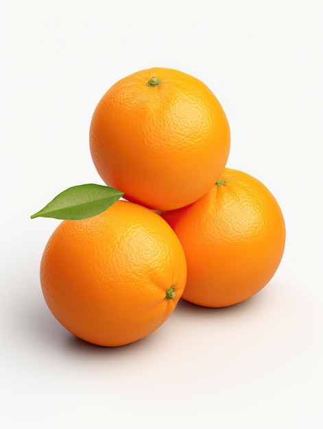 four oranges with a green leaf on top of them.
