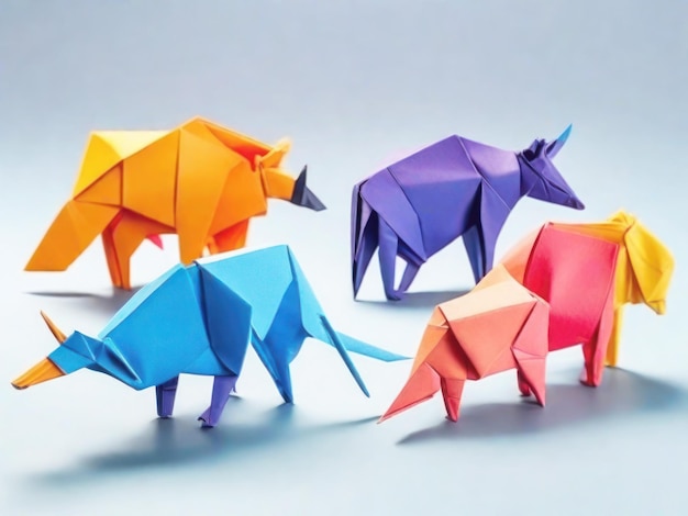 さまざまな動物の形をした色紙で作られた 4 つの折り紙フィギュア 虹のフィギュア