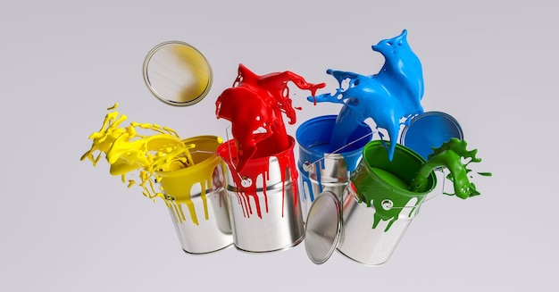 Four paint cans splashing different bright colors renovation concept image