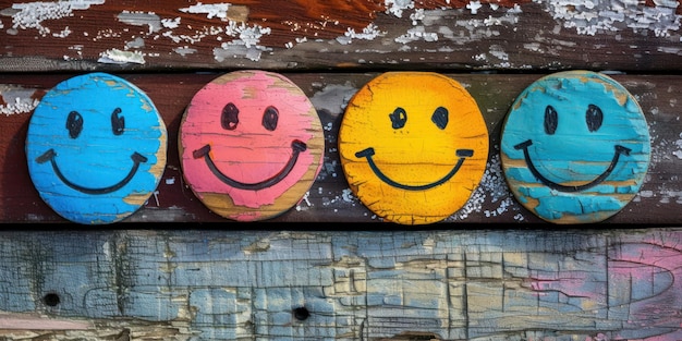 Four Painted Smiley Faces on Wooden Plank