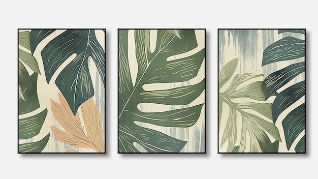 four paintings of palm leaves one of which has a palm leaf