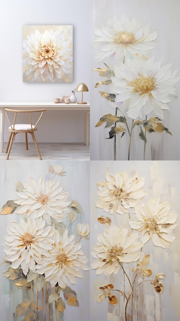 Four paintings of white and gold flowers