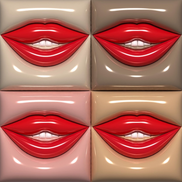 Four pairs of red lips with a slightly open mouth on a beige background teeth visible 3d rendering illustration