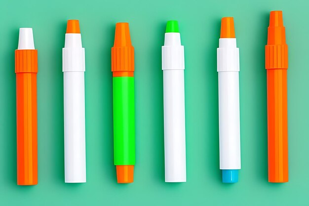 four pens one green and one green are lined up on a green surface