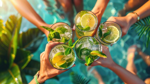 Four people are holding up glasses of drinks with limes and mint