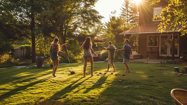 Photo four people are playing a game of croquet in the backyard of their home