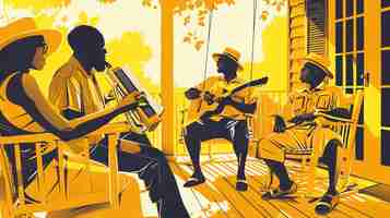 Photo four people are sitting on a porch playing music