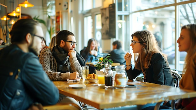 Photo four people are sitting at a table in a cafe they are all wearing casual clothes and look like they are enjoying their conversation