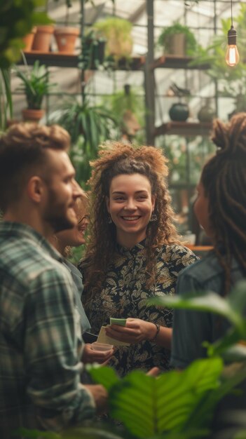 Photo four people are talking and smiling in a greenhouse