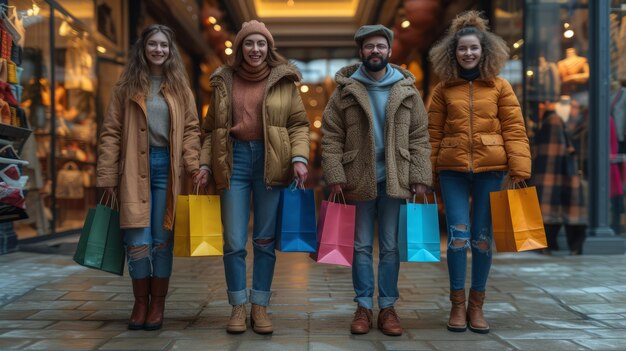 Four people are walking in a shopping mall