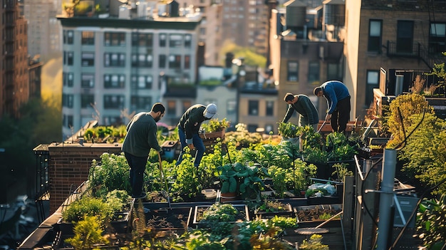 Foto quattro persone stanno lavorando in un giardino urbano sul tetto. stanno piantando, irrigando e raccogliendo verdure.