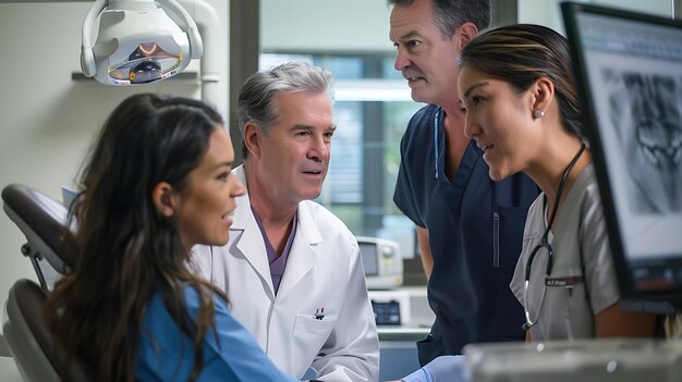 Four people in a dental office A dentist a dental assistant and two patients They are all smiling and talking