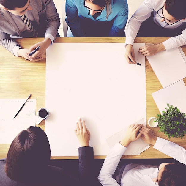 Four people sitting around a table with a large sheet of paper on it.