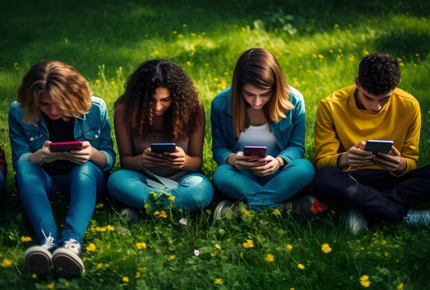 Foto quattro persone sedute in un campo che guardano i loro telefoni cellulari ai generativa