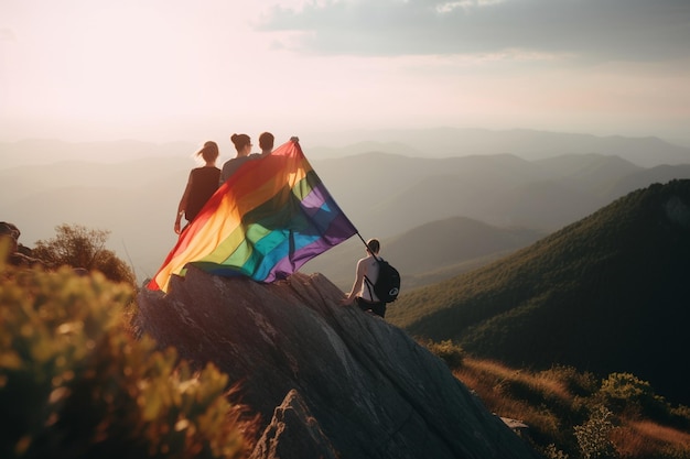 Four people stand on a mountain holding a rainbow flag.