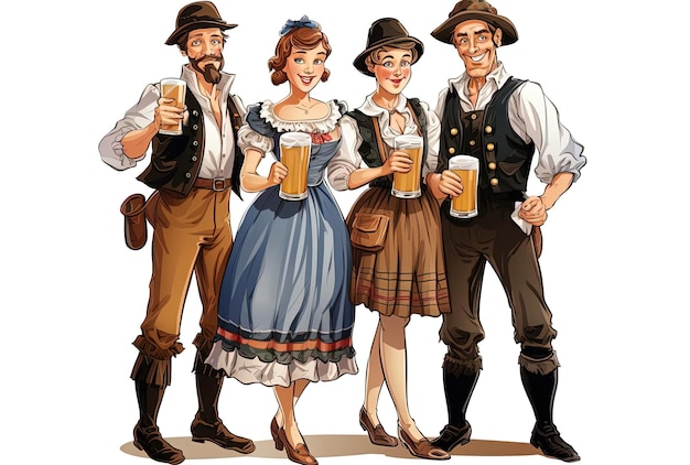 four people standing in a bavarian dress holding beer vector in the style of comic strip imagery