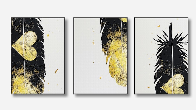 four pictures of birds with a yellow and black feather on them