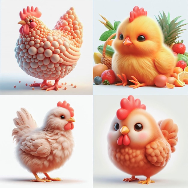 four pictures of chickens one of which has the number 3 on it