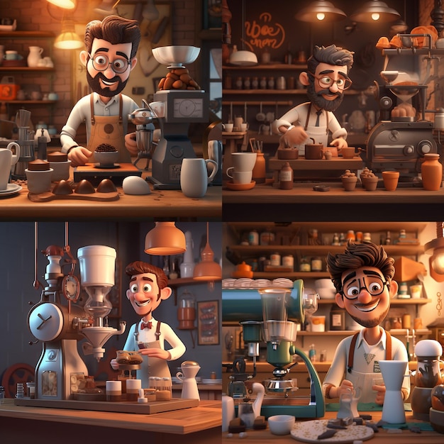 four pictures of men working as baristas in a cafe