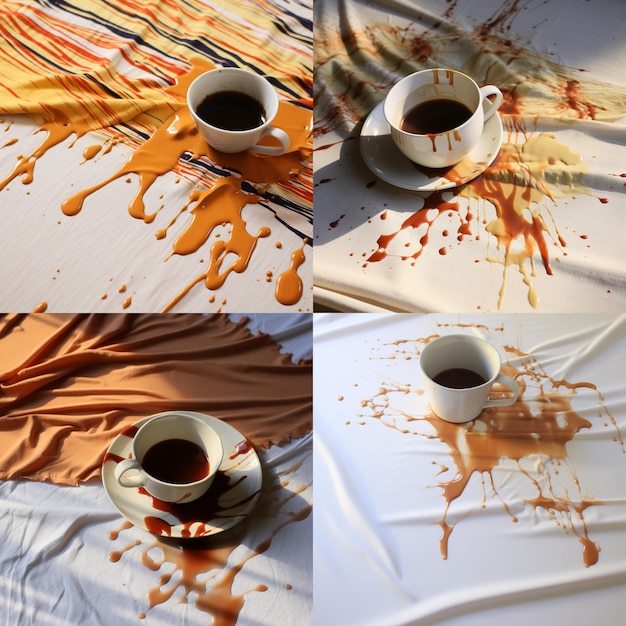 four pictures of spilled coffee on a white tableclott