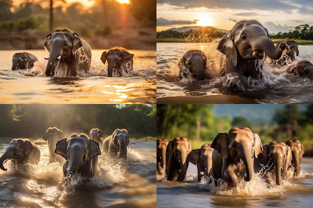 четыре фотографии вместе, изображающие слоненка, играющего с водой