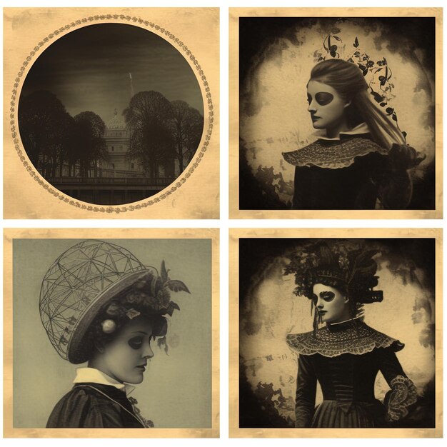 four pictures of a woman with a hat and a woman in a dress