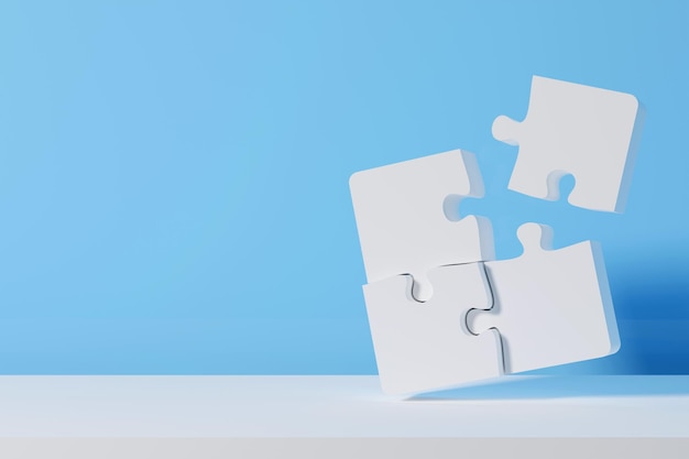 Photo four pieces of white jigsaw puzzle on blue background teamwork concept 3d illustration rendered