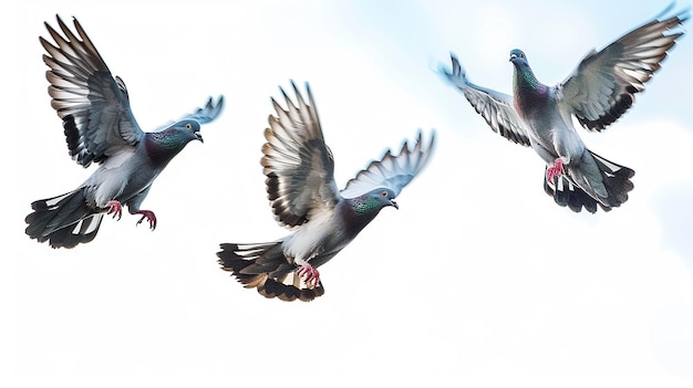 네 마리의 비둘기가 하늘을 날고 있습니다. 그 중 하나는 은 수염을 가지고 있습니다.