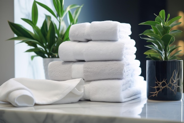 four piles of towels and plants on a counter top