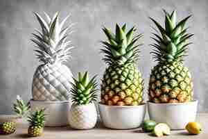 Photo four pineapples are lined up in a row one of which is a pineapple