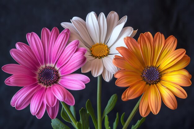 four pink orange white and yellow daisykind flowers