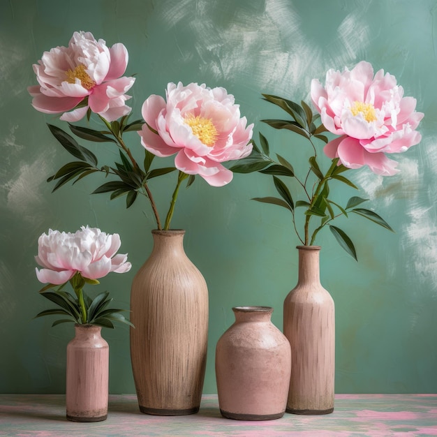 Four pink peonies in vases on a pink and green background