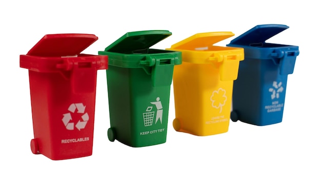 Four plastic bins with different colors and labels for recycling