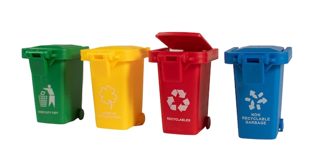 four plastic bins with different colors and labels for recycling