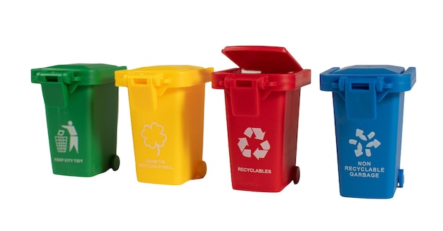 Four plastic bins with different colors and labels for recycling