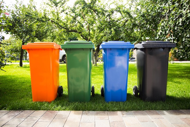 Photo four plastic conatiners of different colours for four types of separated garbage city park with fresh green grass on a background taking care of nature concept