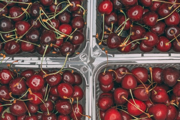 Four plastic containers full of fresh cherries